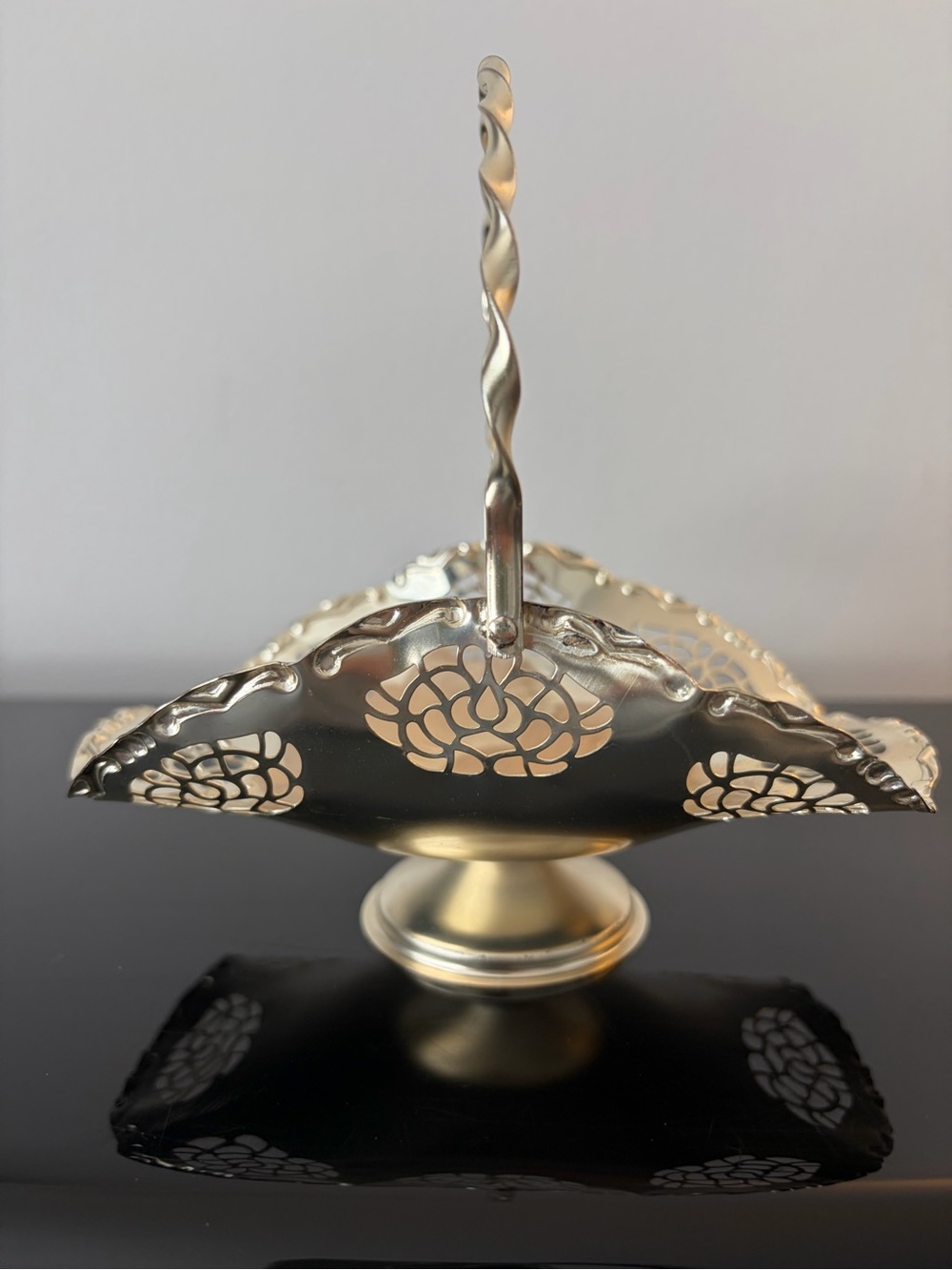 Vintage Silver Tone Pierced Basket with Twisted Handle